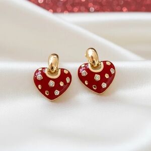 Gold & Red Heart Drop Earrings